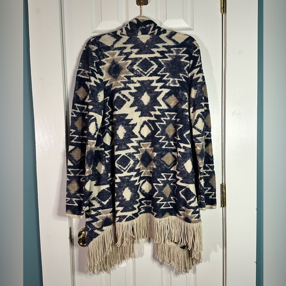 Lucky Brand Aztec Print Fringe Cardigan Sweater Boho Western Medium - Picture 2 of 7